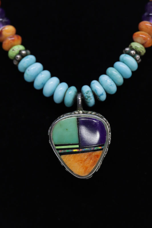 Etta Endito Navajo Sterling Silver Sun Inlay Pendant. SouthWestern Navajo Turquoise Amethyst Spiny Oyster Beaded Necklace.