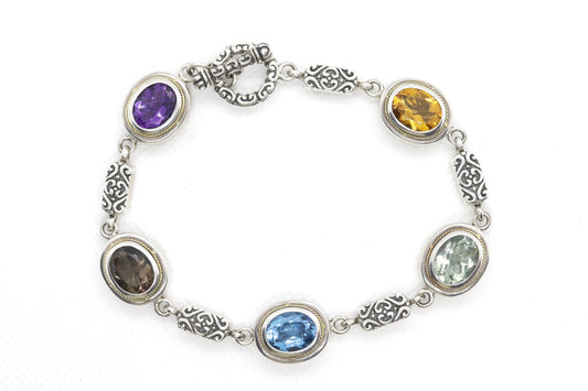 EFFY BH Bracelet. 18k Sterling Silver MULTI-Gemstone Byzantine Bracelet. (466)