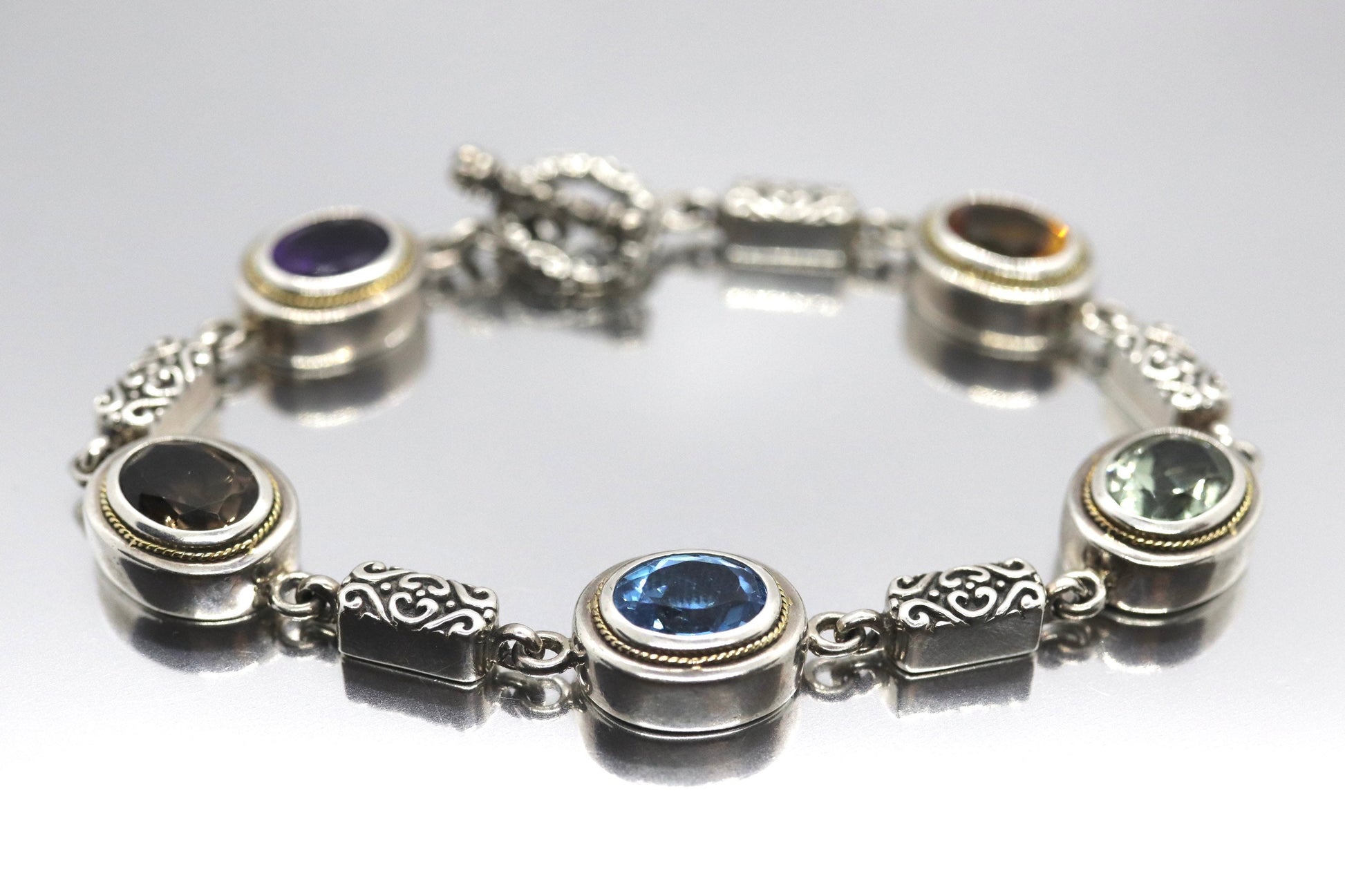 EFFY BH Bracelet. 18k Sterling Silver MULTI-Gemstone Byzantine Bracelet. (466)