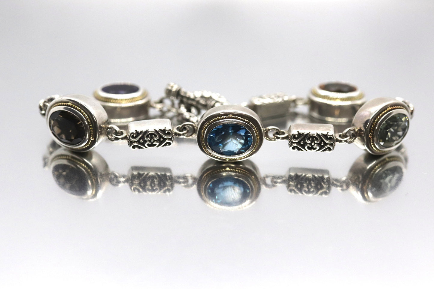 EFFY BH Bracelet. 18k Sterling Silver MULTI-Gemstone Byzantine Bracelet. (466)