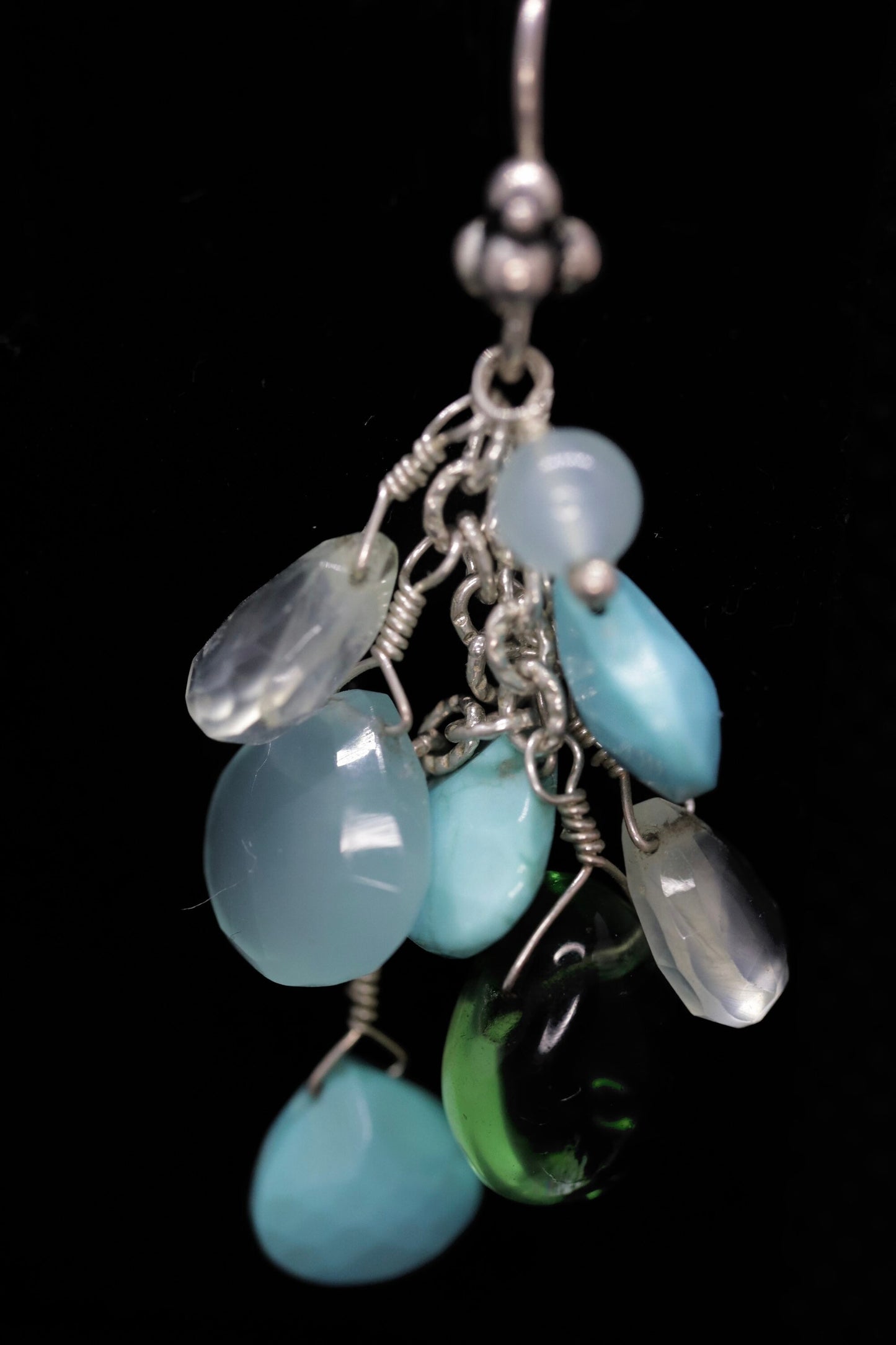 Laura Gibson Dangle Earrings. Sterling Silver with faceted Prehnite, Flourite, Turquoise, and Opal Chalcedony (275)