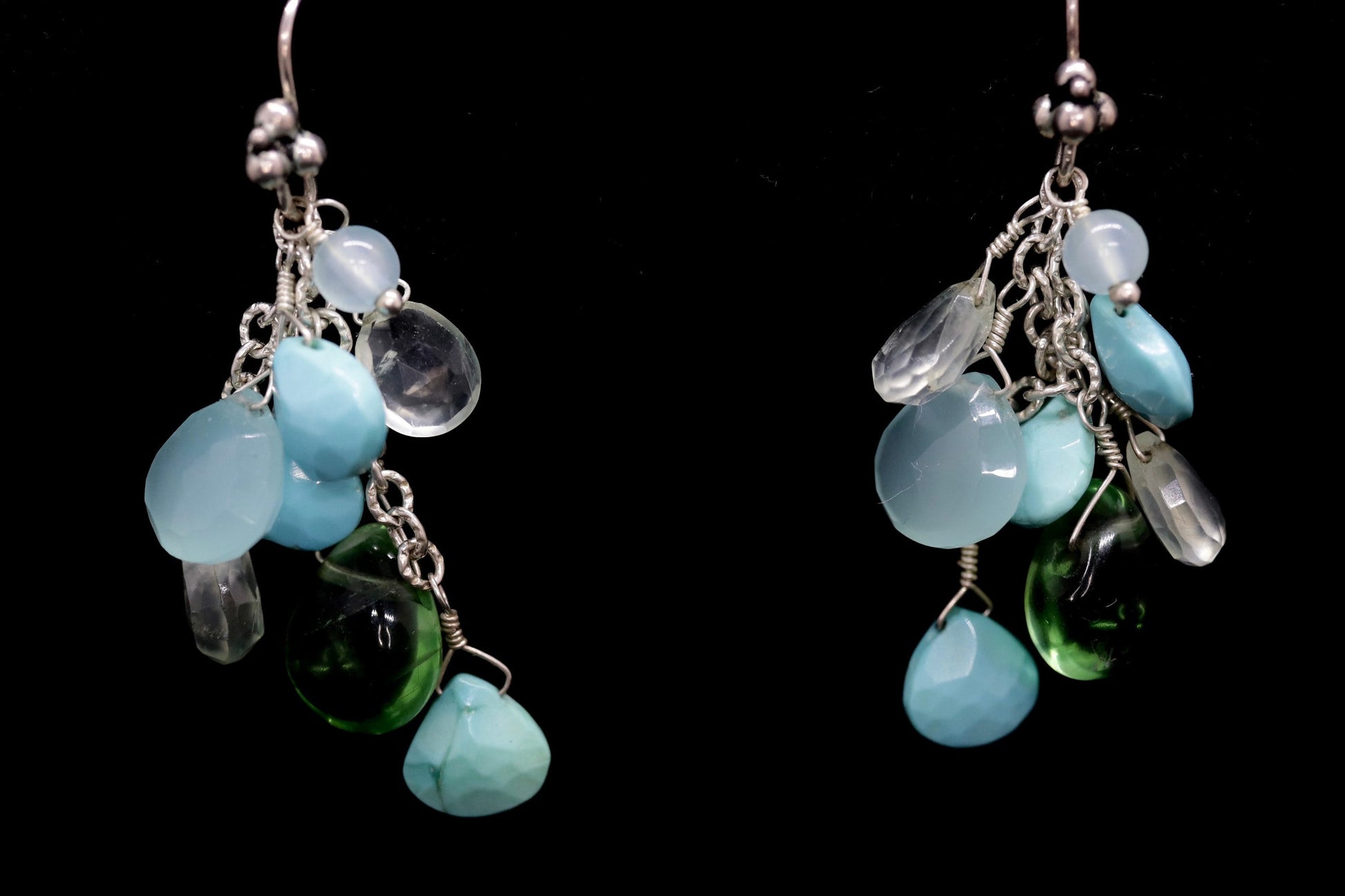 Laura Gibson Dangle Earrings. Sterling Silver with faceted Prehnite, Flourite, Turquoise, and Opal Chalcedony (275)