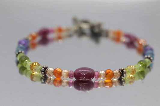 Laura Gibson Bracelet. Sterling Silver with Dangling Faceted Gems - Carnelian Amethyst Tourmaline (299)
