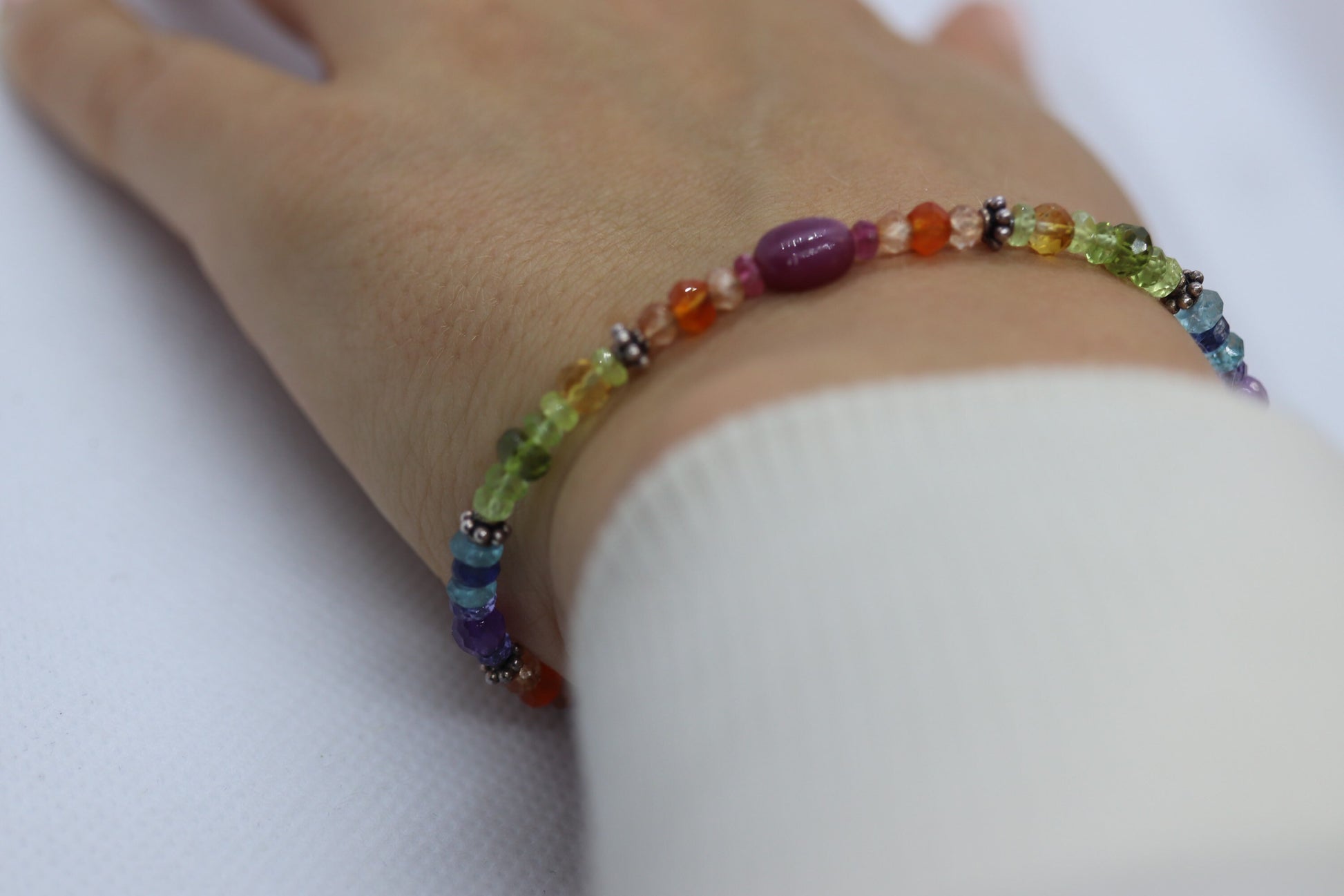 Laura Gibson Bracelet. Sterling Silver with Dangling Faceted Gems - Carnelian Amethyst Tourmaline (299)