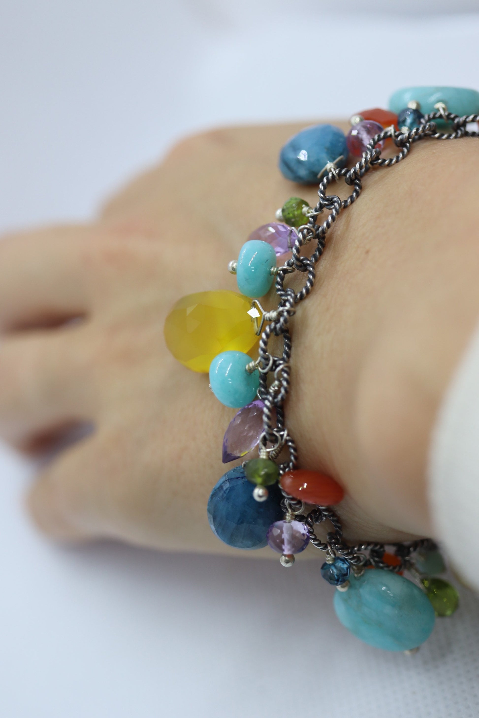 Laura Gibson Bracelet. Sterling Silver with Dangling Faceted Gems - Amazonite Amethyst(435)