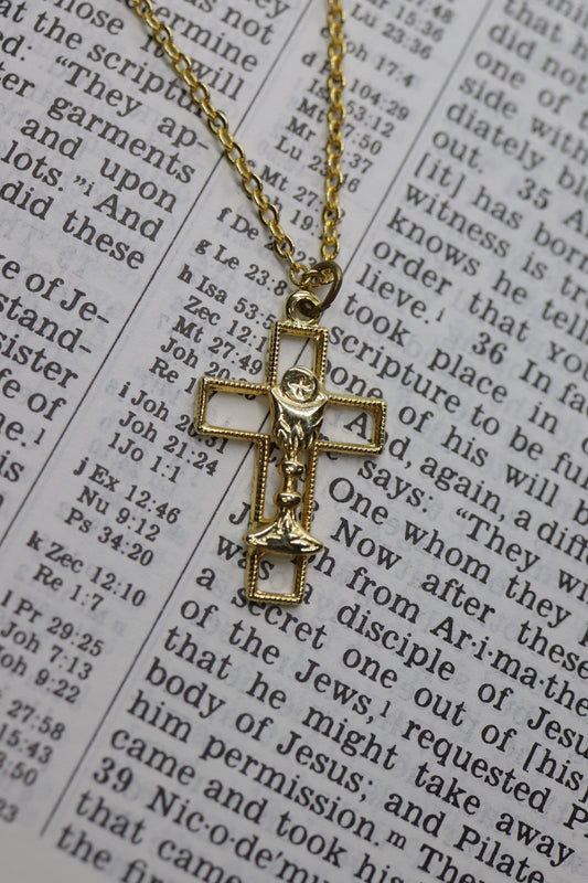 Sterling Silver and 24k Gold plated Cross and Chalice Pendant Necklace