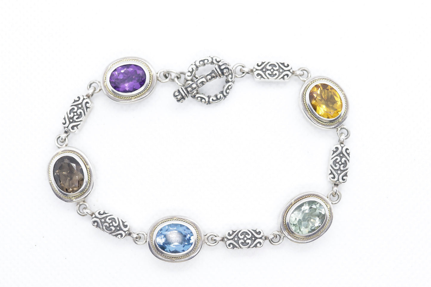 EFFY BH Bracelet. 18k Sterling Silver MULTI-Gemstone Byzantine Bracelet. (466)