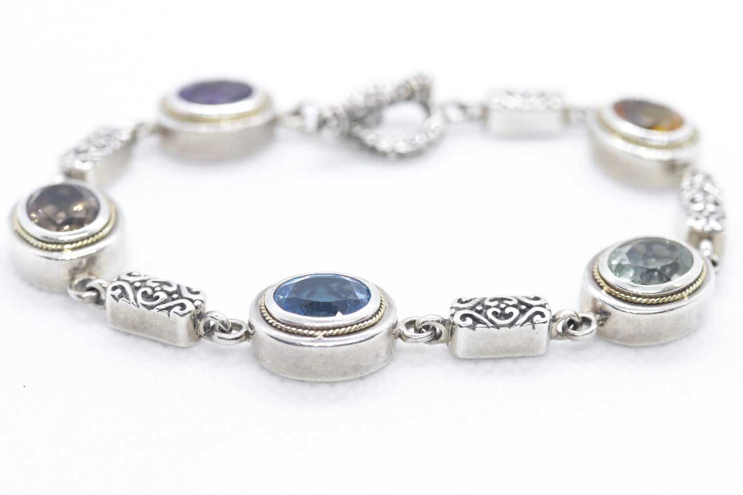 EFFY BH Bracelet. 18k Sterling Silver MULTI-Gemstone Byzantine Bracelet. (466)