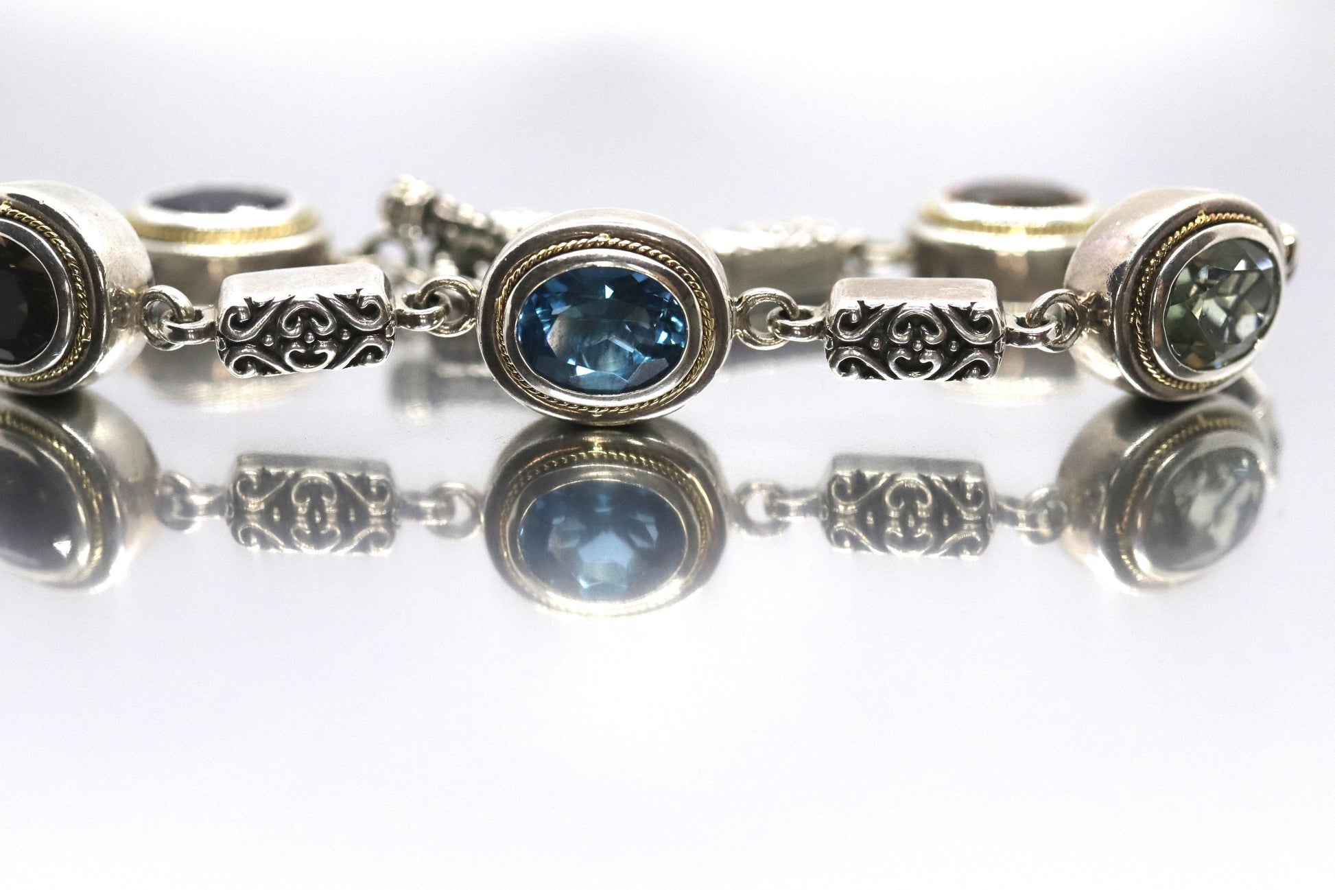 EFFY BH Bracelet. 18k Sterling Silver MULTI-Gemstone Byzantine Bracelet. (466)