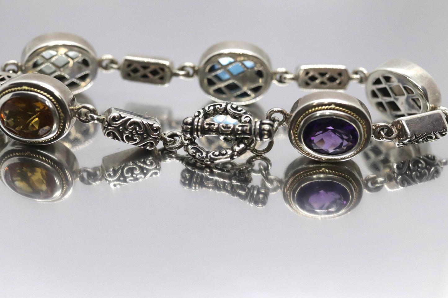 EFFY BH Bracelet. 18k Sterling Silver MULTI-Gemstone Byzantine Bracelet. (466)