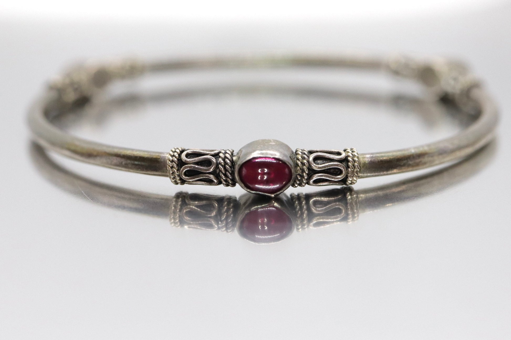 Byzantine Sterling Silver Bangle Bracelet. Oval CABOCHON tourmaline garnet bangle