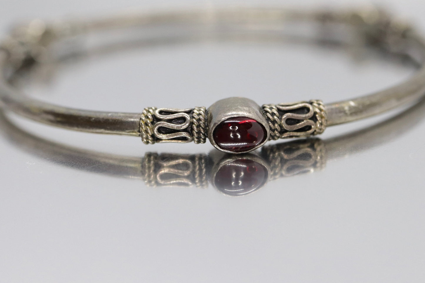 Byzantine Sterling Silver Bangle Bracelet. Oval CABOCHON tourmaline garnet bangle