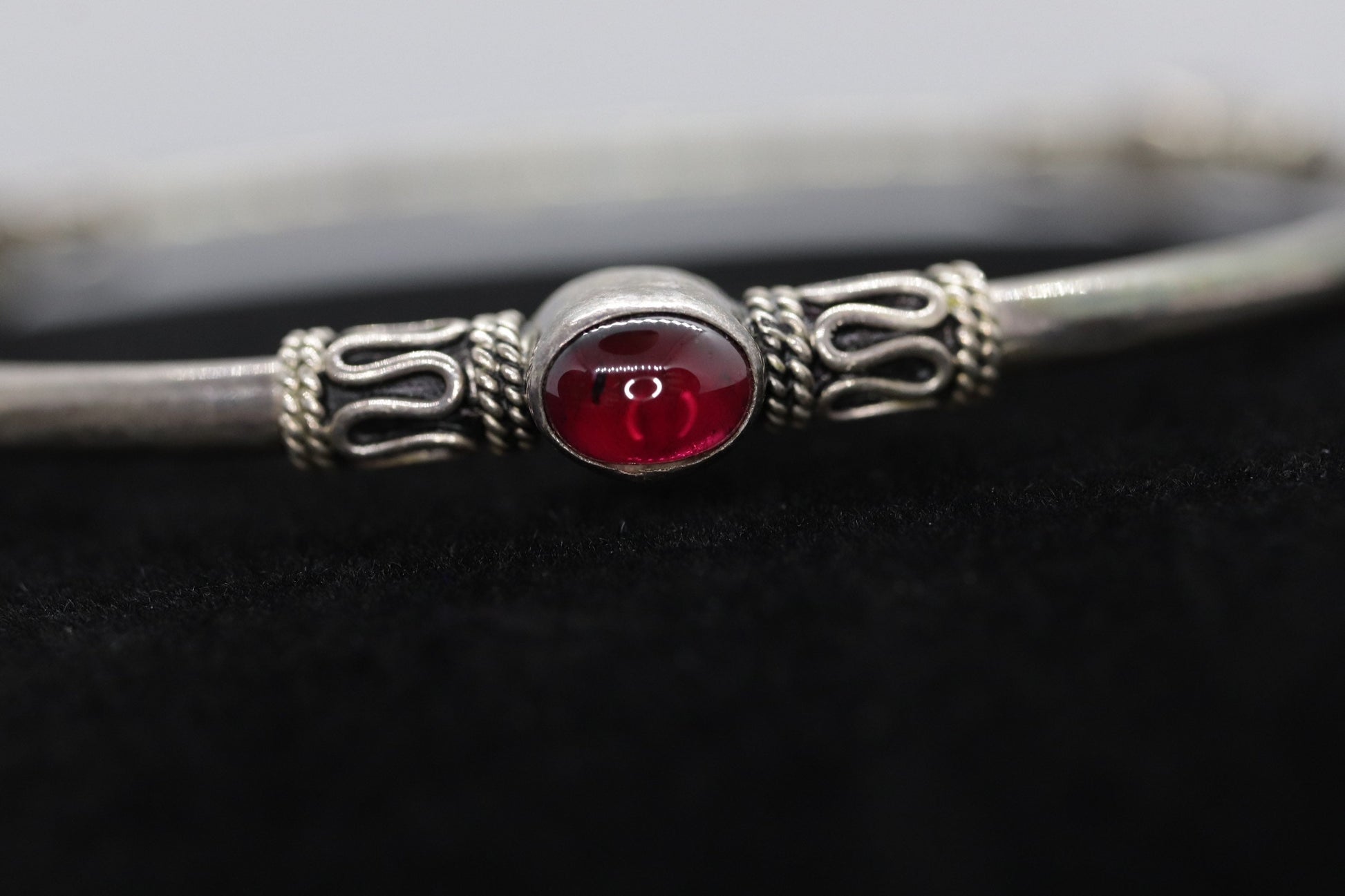 Byzantine Sterling Silver Bangle Bracelet. Oval CABOCHON tourmaline garnet bangle