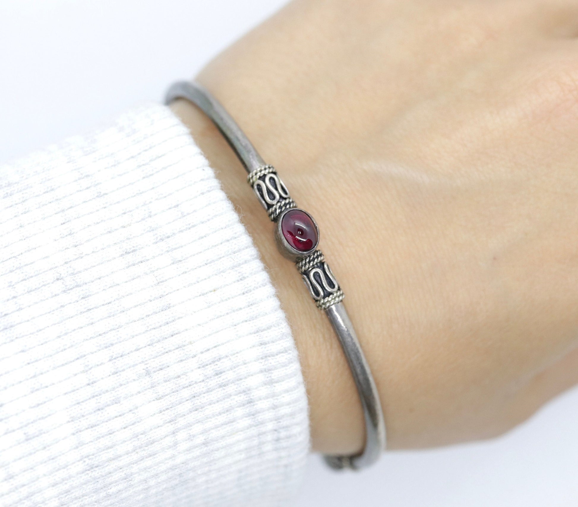 Byzantine Sterling Silver Bangle Bracelet. Oval CABOCHON tourmaline garnet bangle