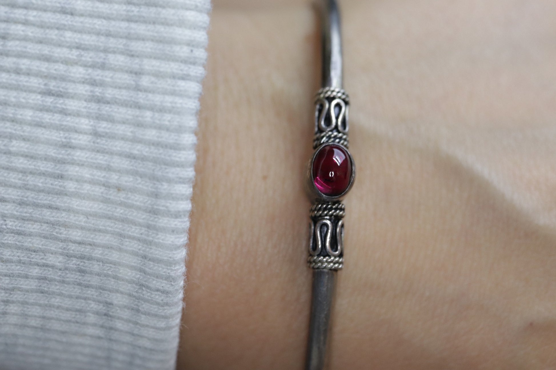 Byzantine Sterling Silver Bangle Bracelet. Oval CABOCHON tourmaline garnet bangle