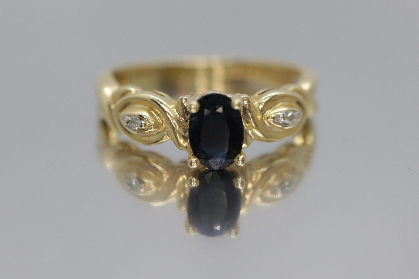 14k Blue Sapphire and Diamond ring. Oval Sapphire ring