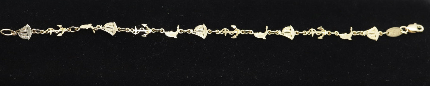 14k Sea Dolphin Sailboat Anchor Charm bracelet. Nautical Bracelet. Marine Bracelet. Michael Anthony MA bracelet