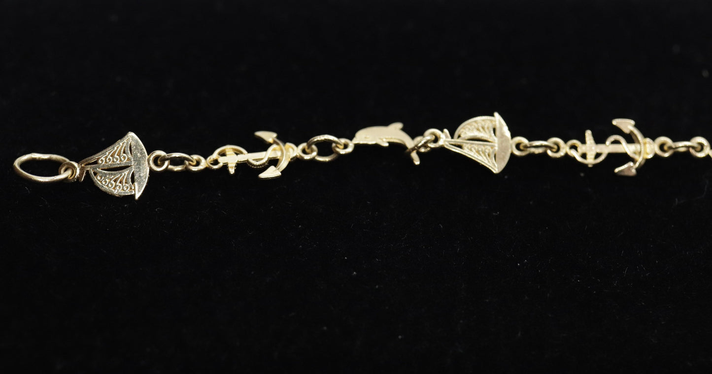 14k Sea Dolphin Sailboat Anchor Charm bracelet. Nautical Bracelet. Marine Bracelet. Michael Anthony MA bracelet