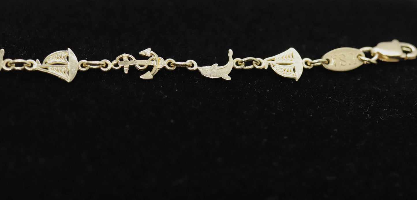 14k Sea Dolphin Sailboat Anchor Charm bracelet. Nautical Bracelet. Marine Bracelet. Michael Anthony MA bracelet