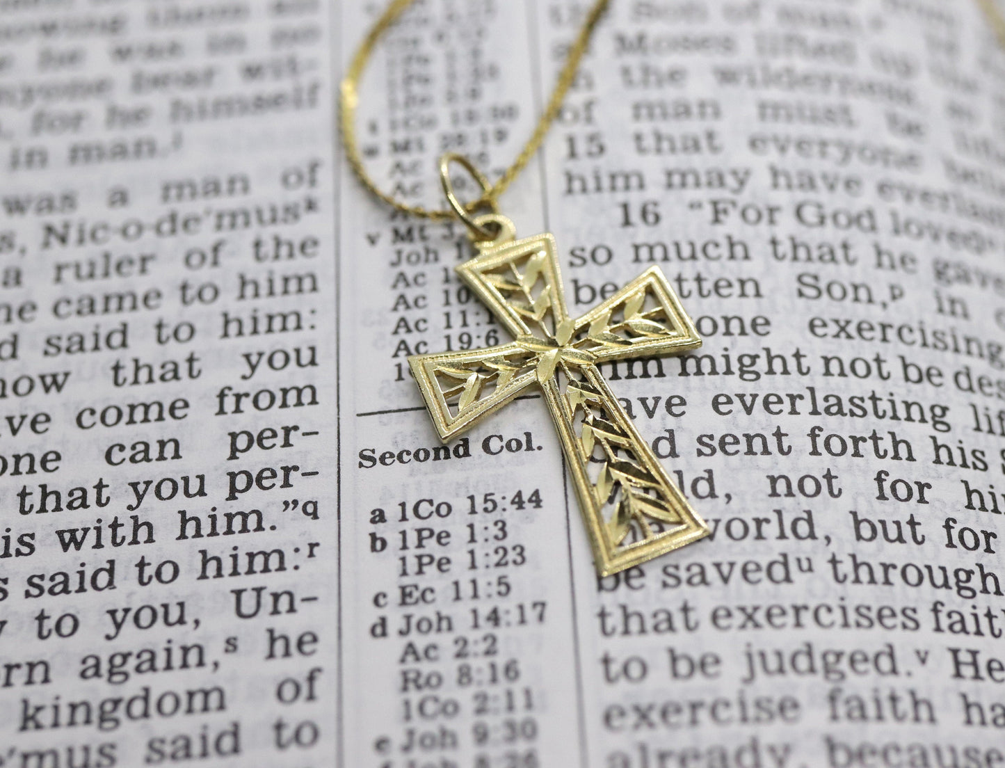 14k Cross Necklace. Open Crucifix Pendant on 14k chain