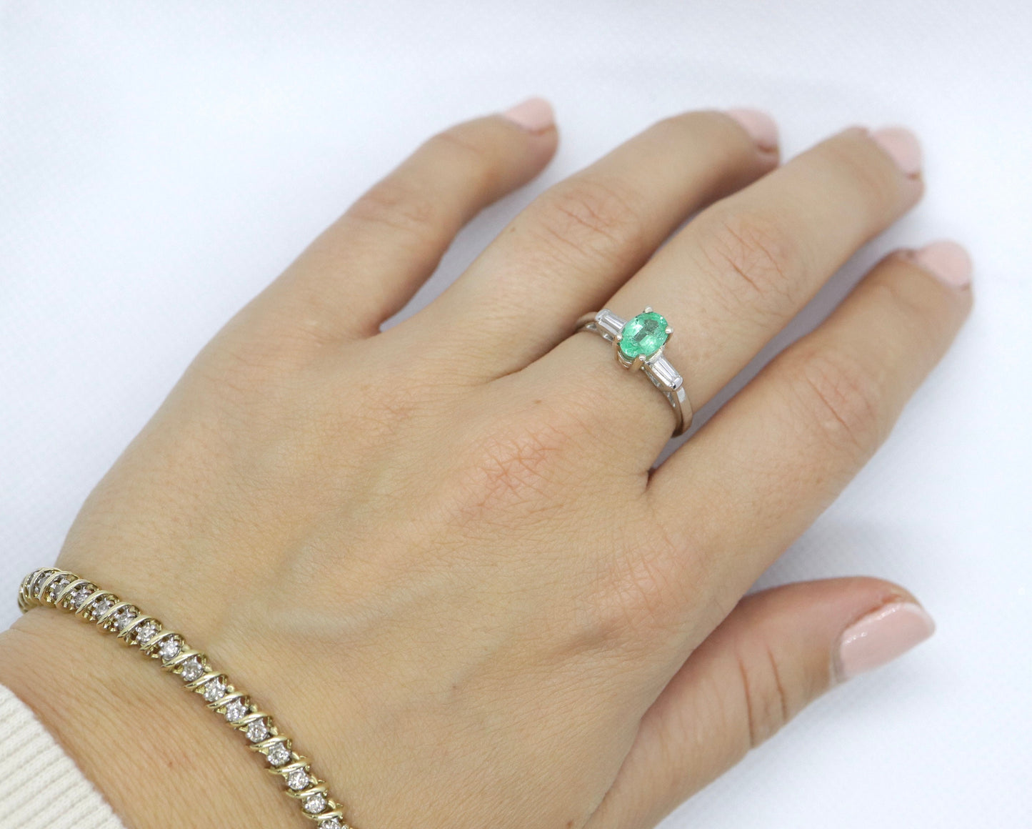 14k Oval Emerald and Baguette diamond ring. 14k white gold Green Emerald solitaire.