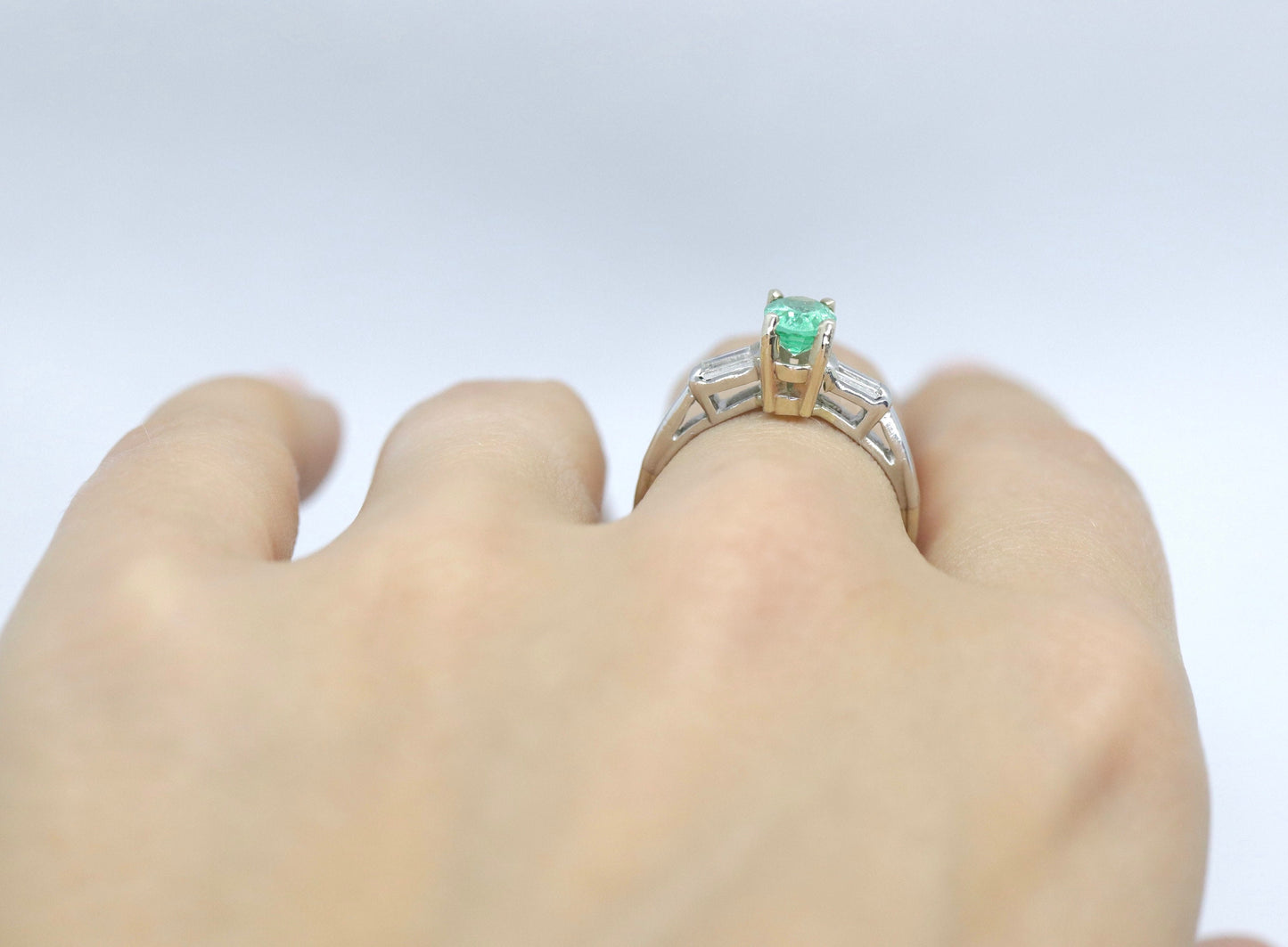 14k Oval Emerald and Baguette diamond ring. 14k white gold Green Emerald solitaire.