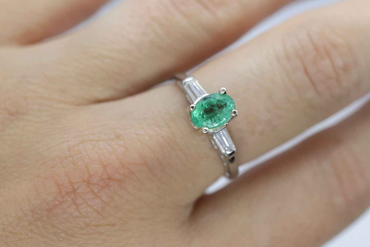 14k Oval Emerald and Baguette diamond ring. 14k white gold Green Emerald solitaire.