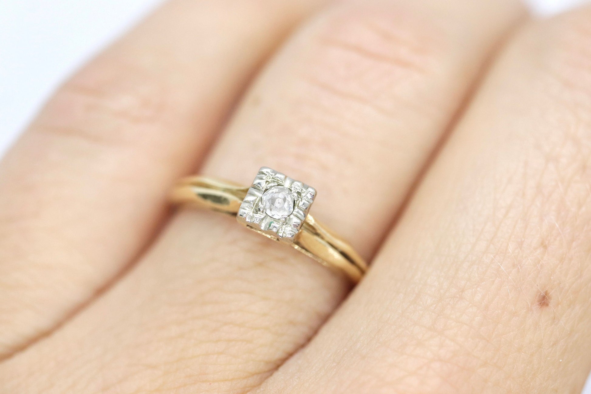 Art Deco Diamond ring. 14k Yellow and White Gold Square table.