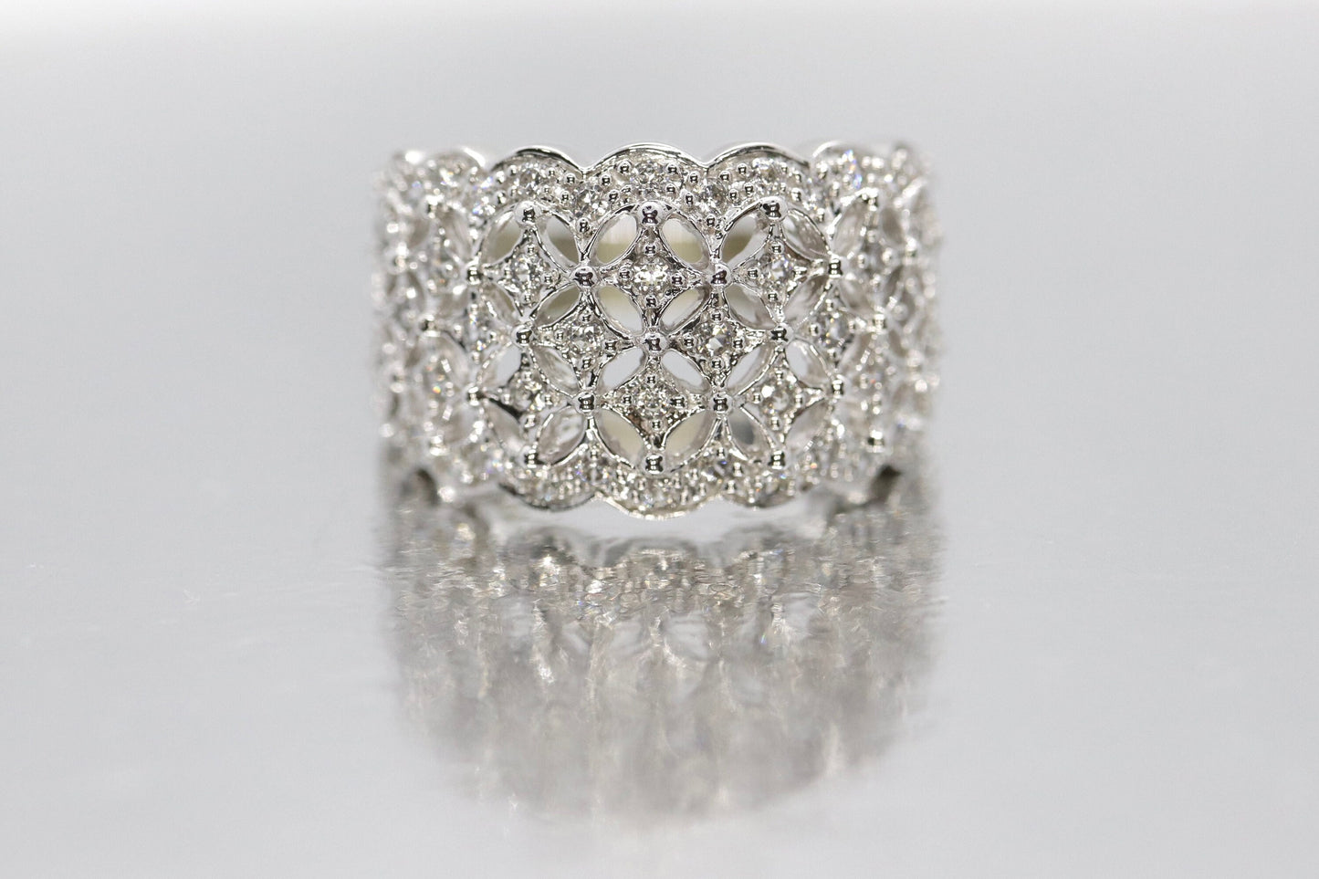 14k WIDE Filigree Ring. Star Filigree White Gold and CZ wide DOME band