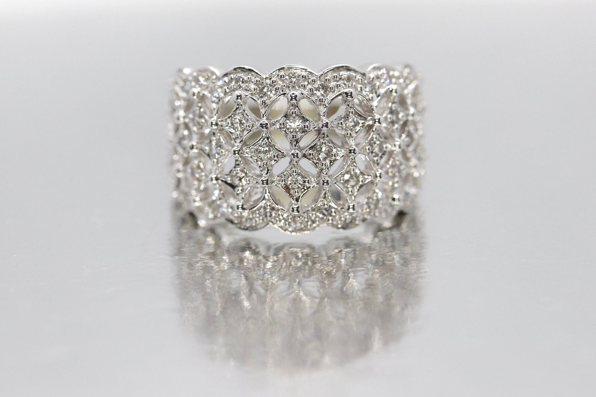 14k WIDE Filigree Ring. Star Filigree White Gold and CZ wide DOME band