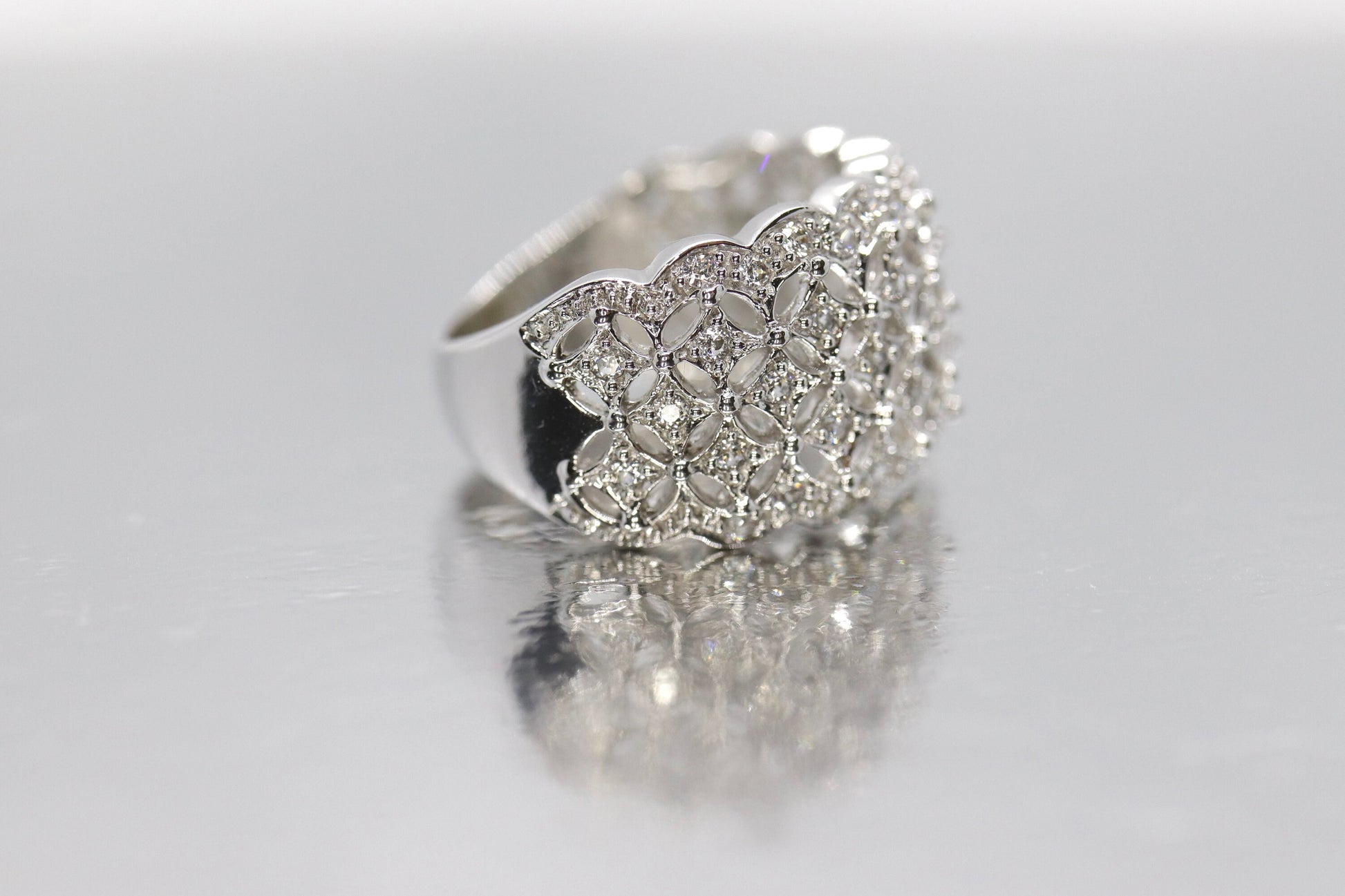 14k WIDE Filigree Ring. Star Filigree White Gold and CZ wide DOME band