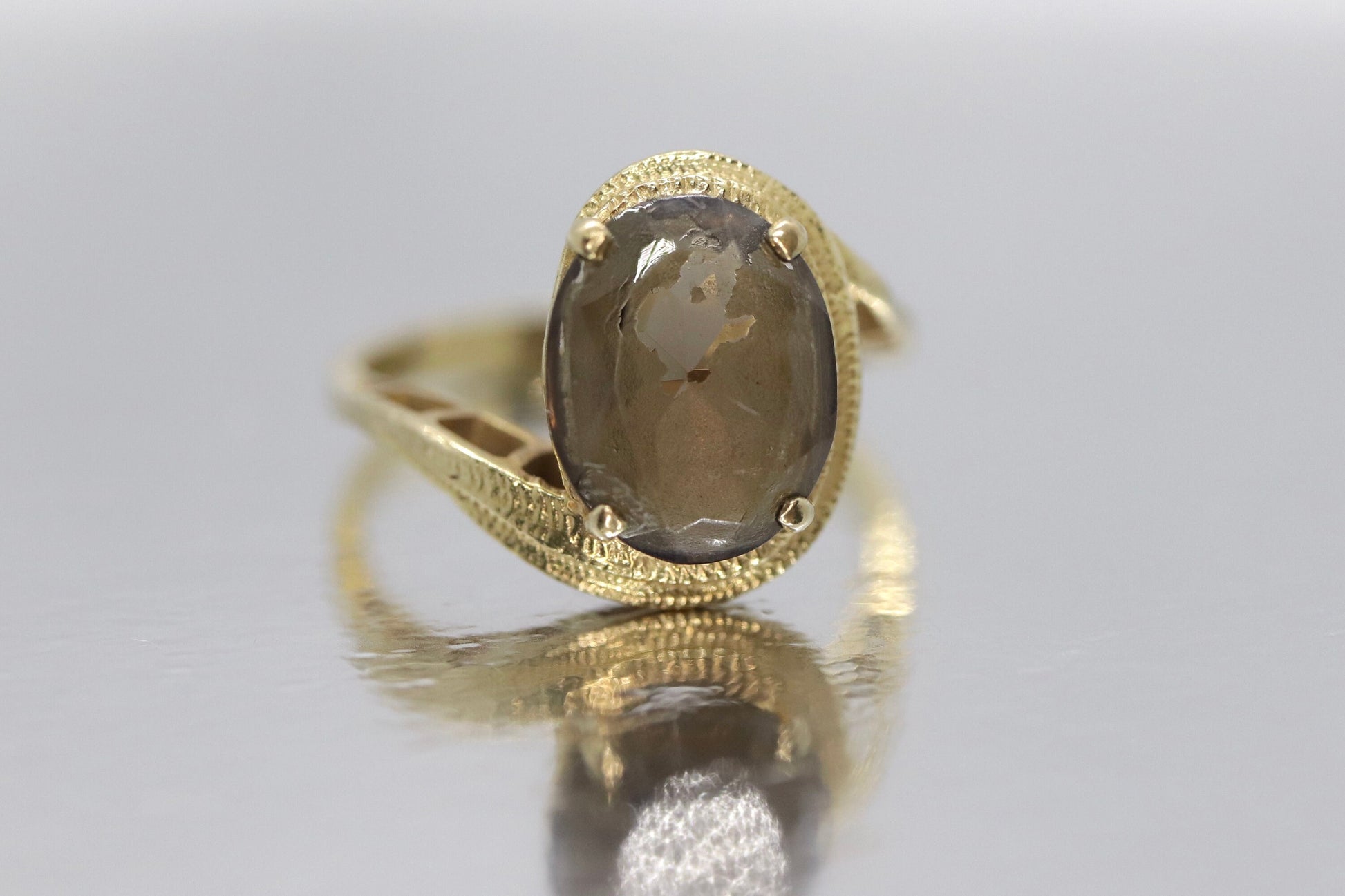 10k Smoky QUARTZ Bypass ring. Large Oval Smokey Quartz ring