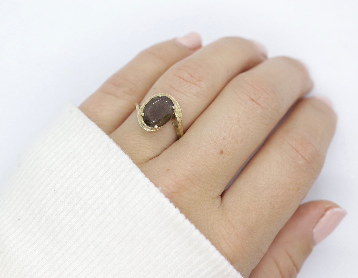 10k Smoky QUARTZ Bypass ring. Large Oval Smokey Quartz ring