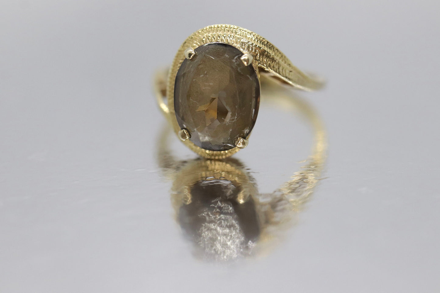 10k Smoky QUARTZ Bypass ring. Large Oval Smokey Quartz ring