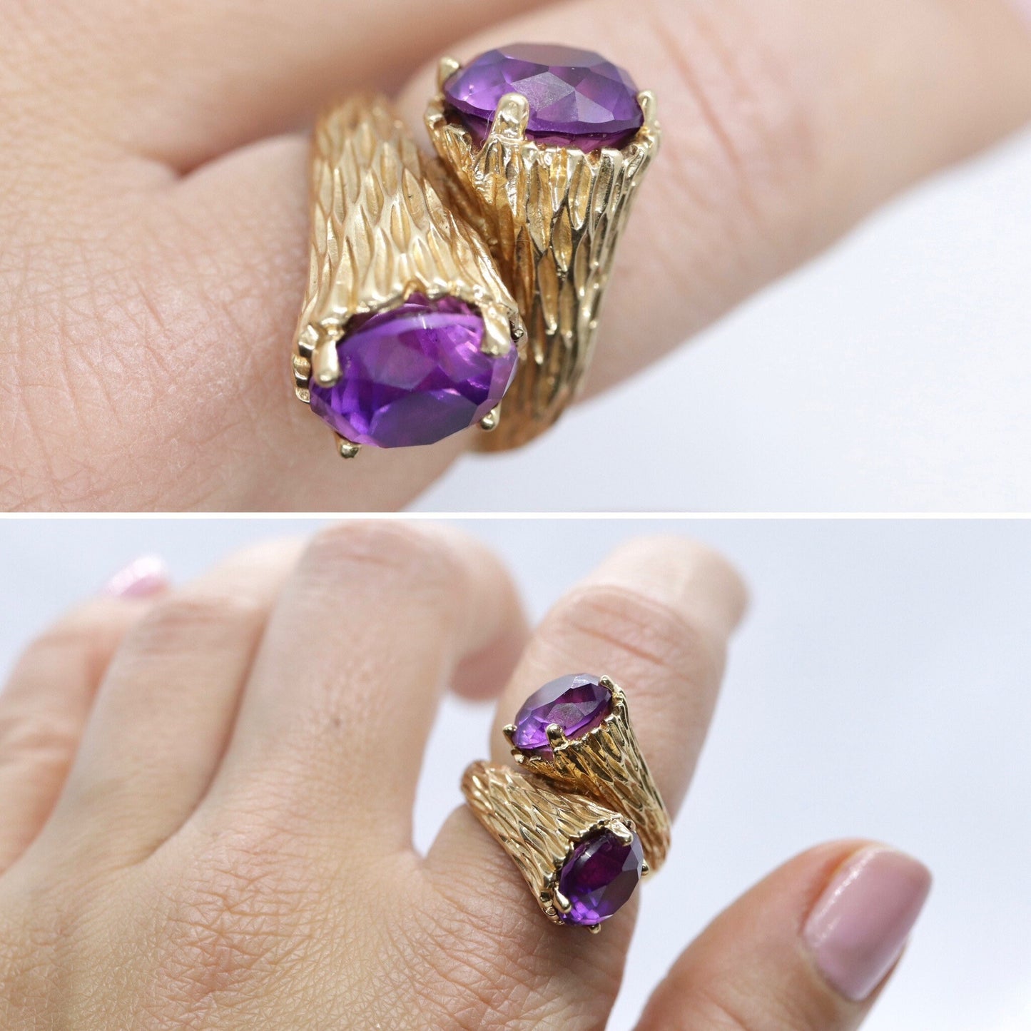 14k Purple Sapphire Toi et moi bypass ring. 14k Heavy Fur / Log Design st(340/50)