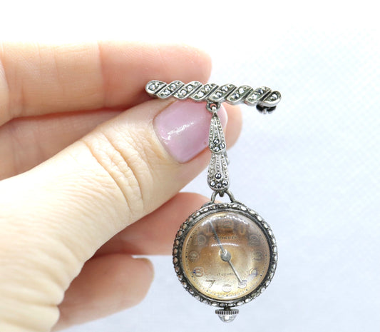 BUCHERER sterling silver and Marcasite manual watch. PIN Brooch Mechanical watch st(35/18)