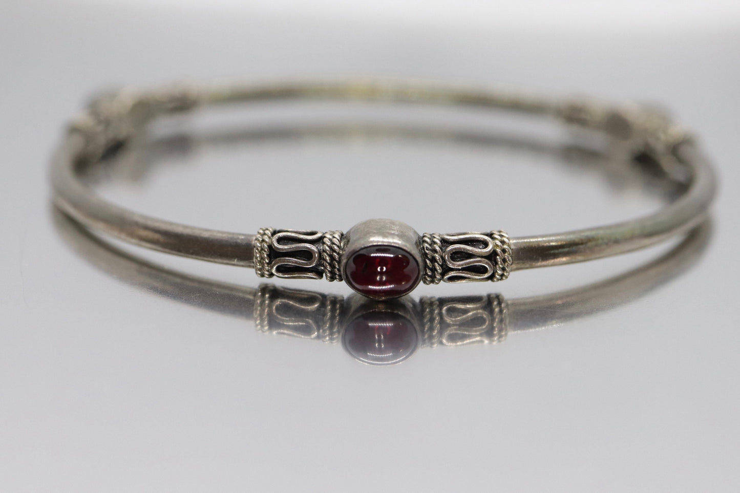 Byzantine Sterling Silver Bangle Bracelet. Oval CABOCHON tourmaline garnet bangle