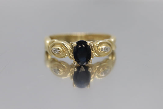 14k Blue Sapphire and Diamond ring. Oval Sapphire ring