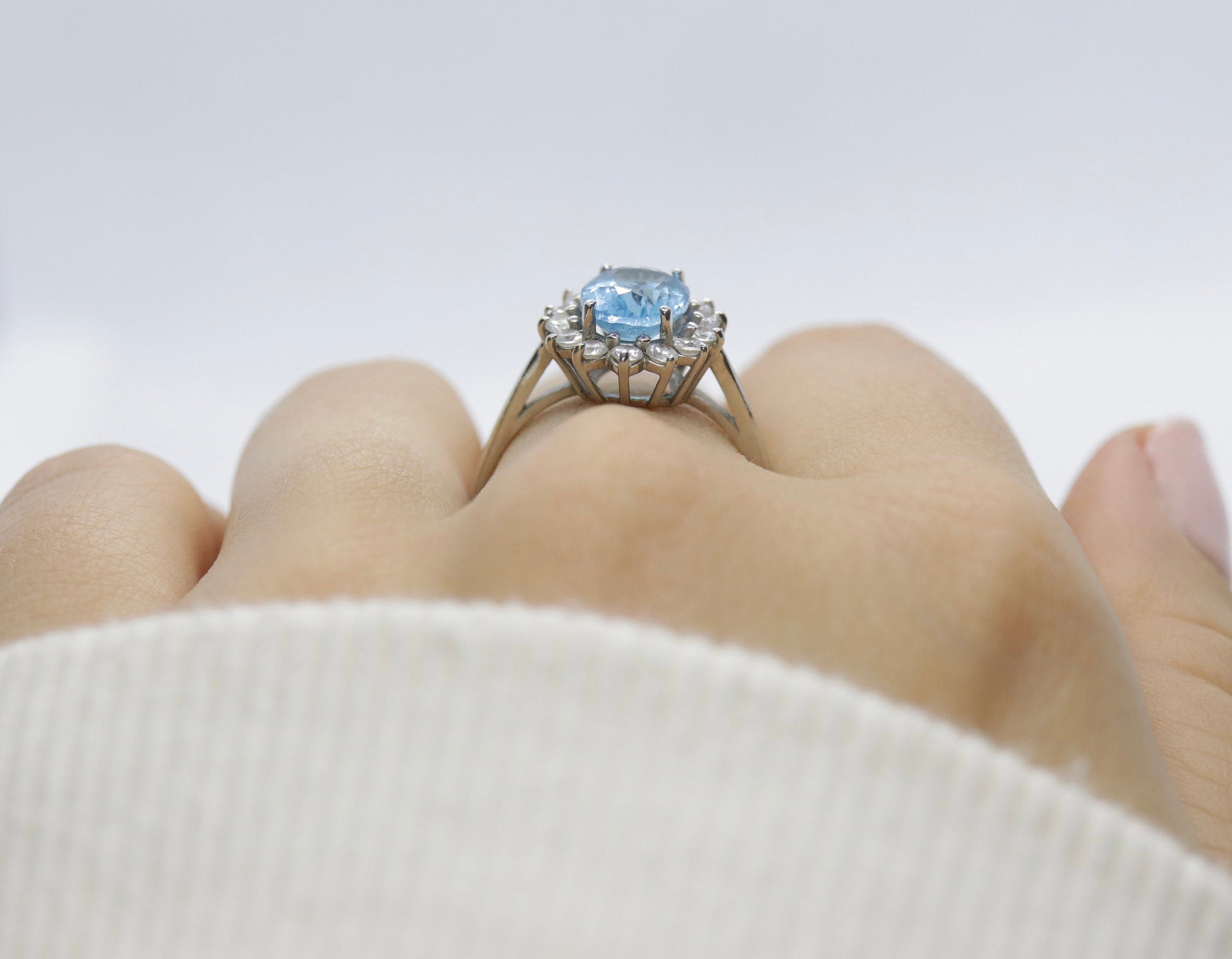 14k Aquamarine Topaz and CZ Halo ring. 14k Aquamarine Halo solitaire.