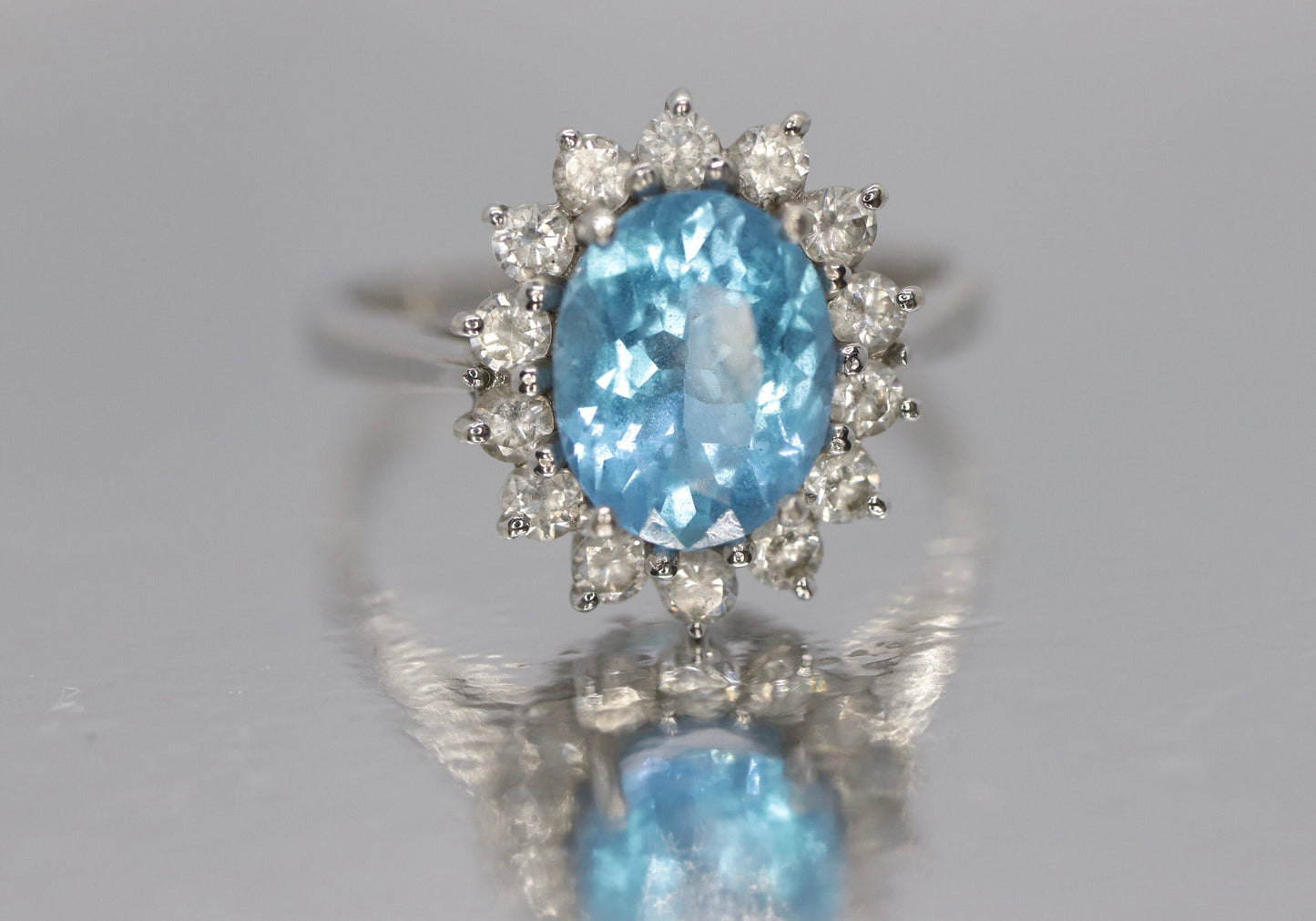 14k Aquamarine Topaz and CZ Halo ring. 14k Aquamarine Halo solitaire.