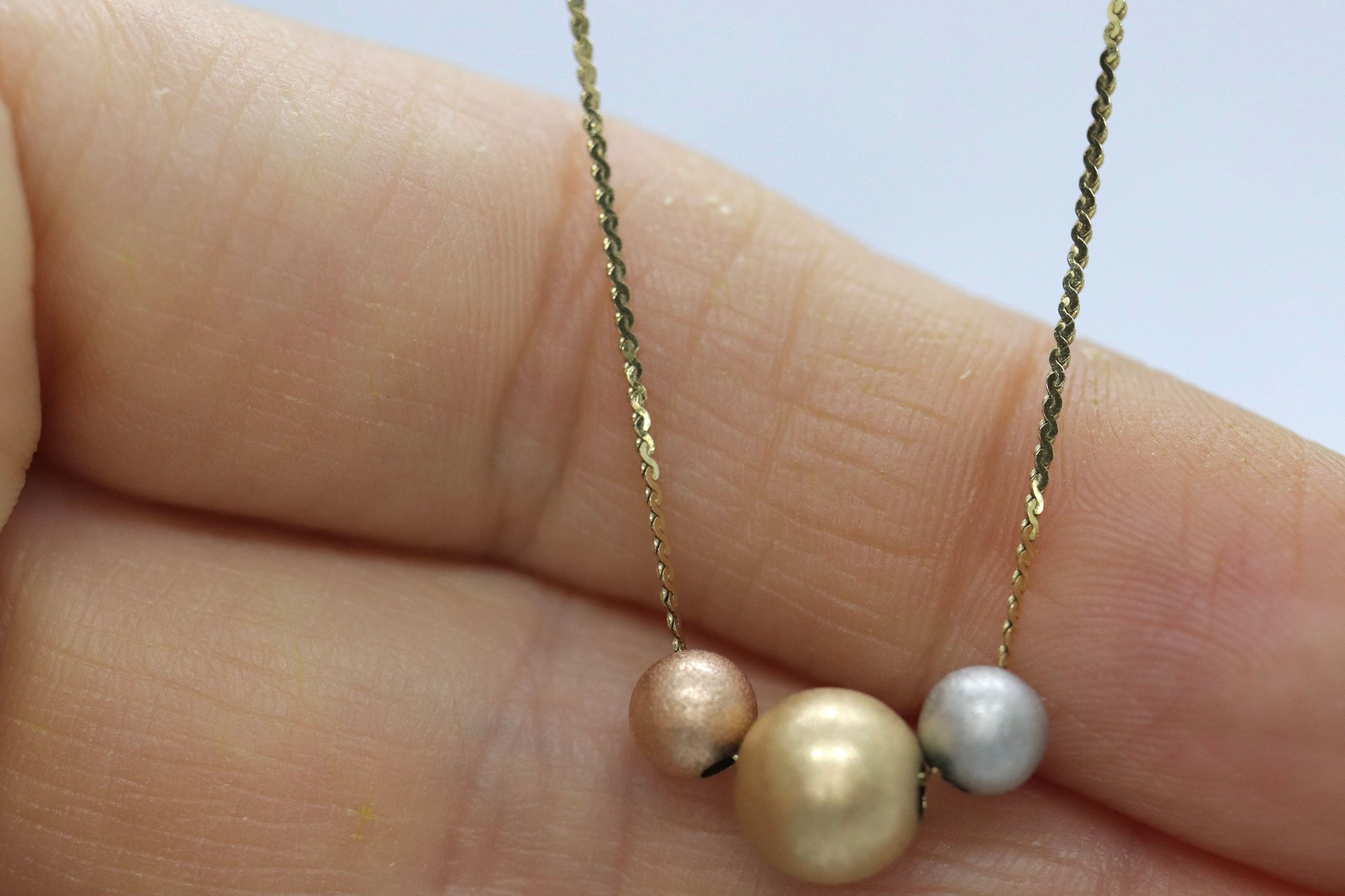 14k Bead necklace. Yellow Rose White Gold Beads on S-link chain necklace. Tri-color necklace