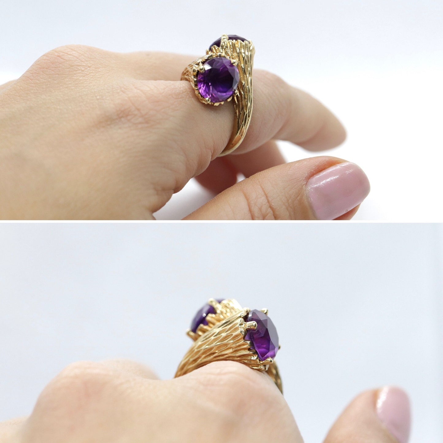 14k Purple Sapphire Toi et moi bypass ring. 14k Heavy Fur / Log Design st(340/50)