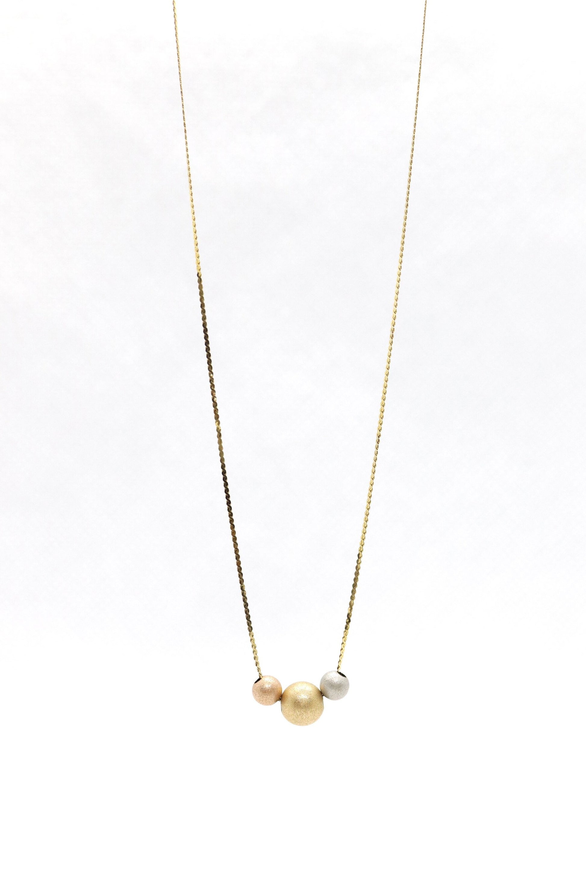 14k Bead necklace. Yellow Rose White Gold Beads on S-link chain necklace. Tri-color necklace