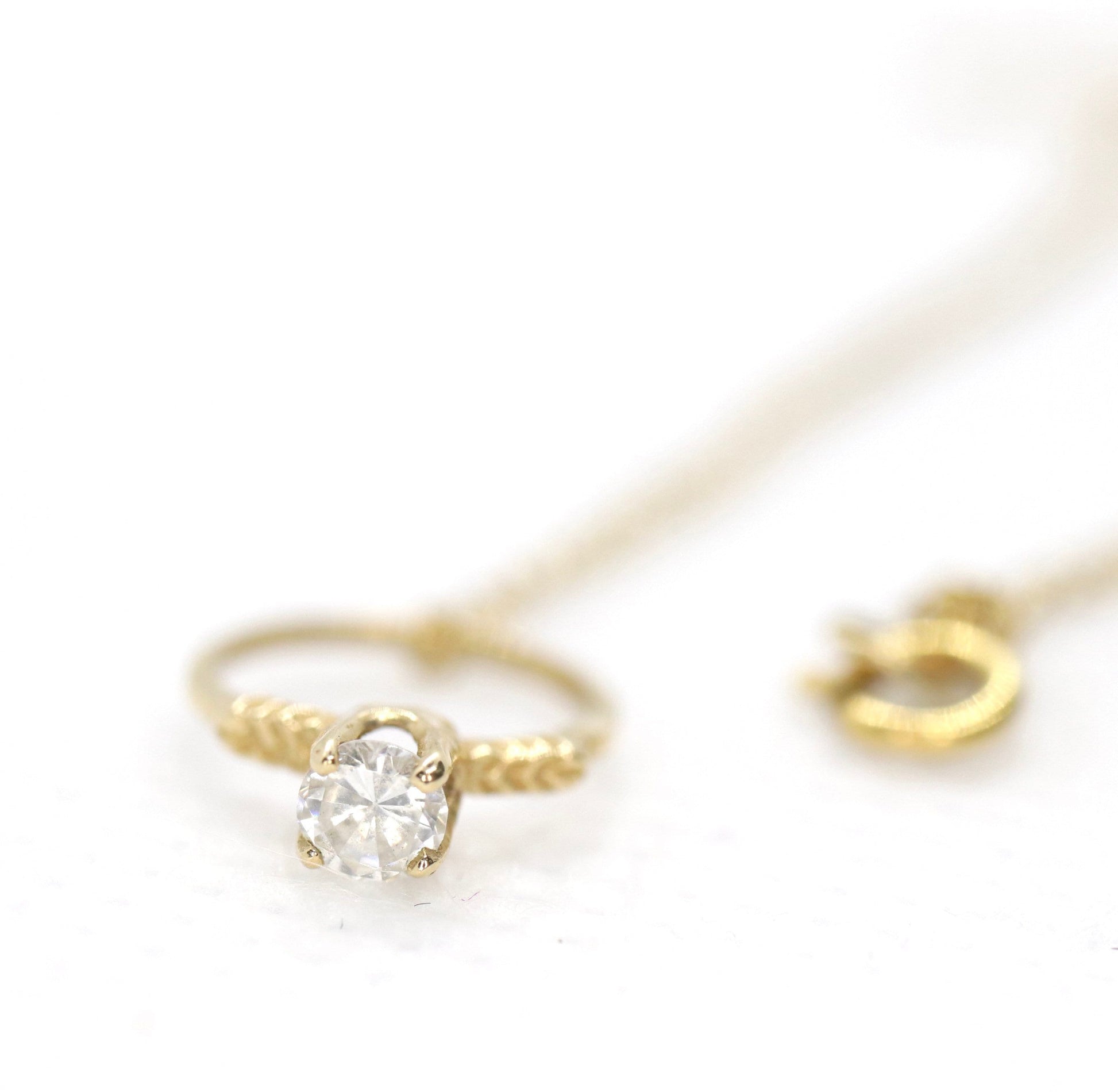 14k Engagement Ring Charm Necklace. Tiny engagement ring CZ Pendant. 18in Rolo Necklace