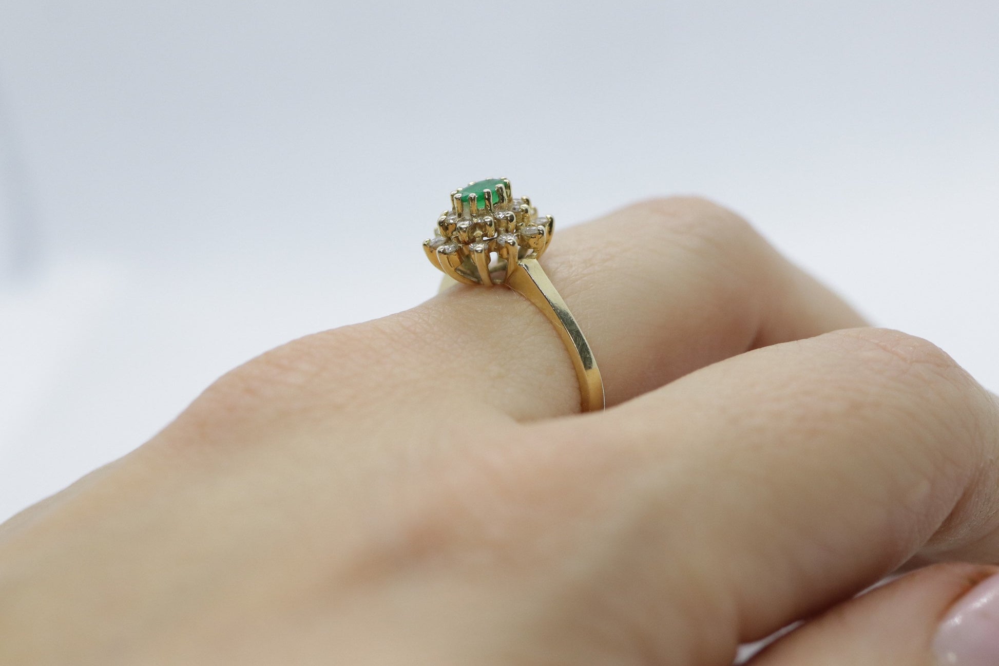 14k Emerald and Diamond Halo yellow gold ring. Emerald and Diamond Cluster ring. (15)(00.130)