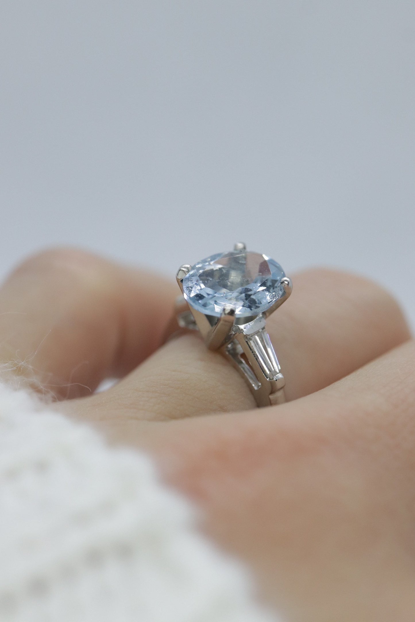 Platinum Large Aquamarine and Tapered Baguette diamond ring. Platinum oval aquamarine engagement ring st632/50