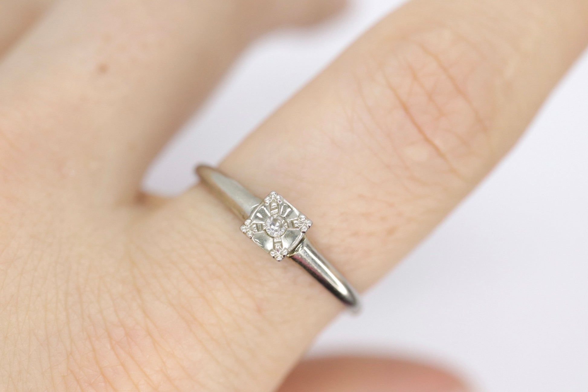 Art Deco Diamond Solitaire Ring. 18k  Gold square set diamond solitaire Ring. FREE RESIZE. st100