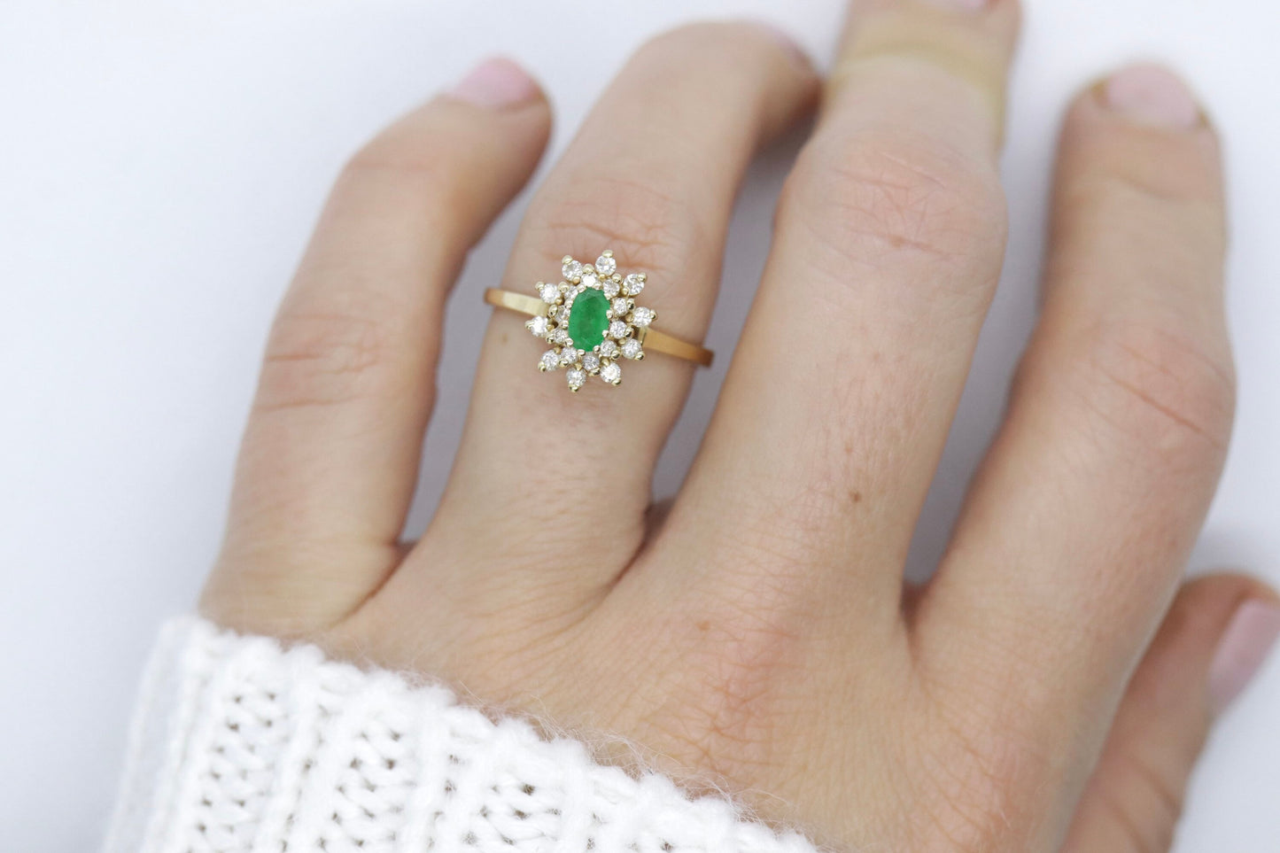 14k Emerald and Diamond Halo yellow gold ring. Emerald and Diamond Cluster ring. (15)(00.130)