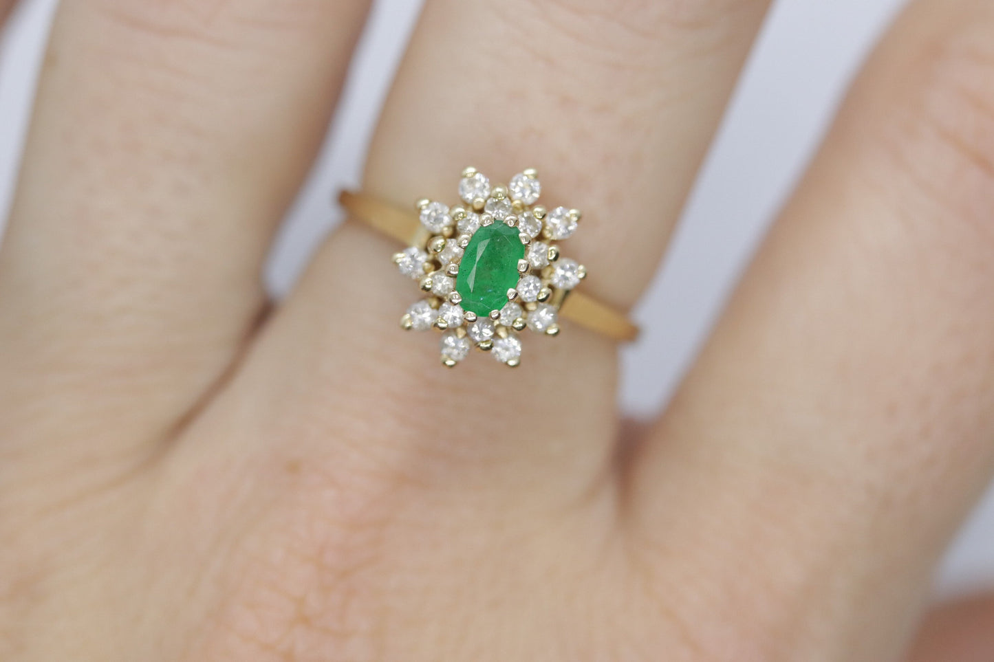 14k Emerald and Diamond Halo yellow gold ring. Emerald and Diamond Cluster ring. (15)(00.130)