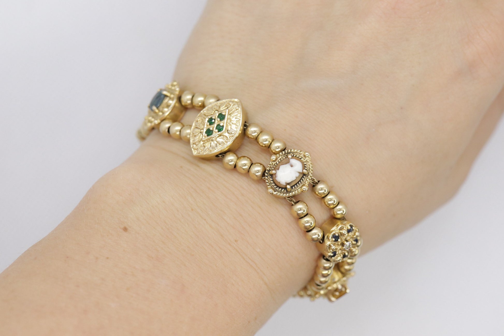 14k Victorian Charm Slide Bracelet. Rubies Diamonds Topaz Cameo Emeralds Citrine. 22.9g